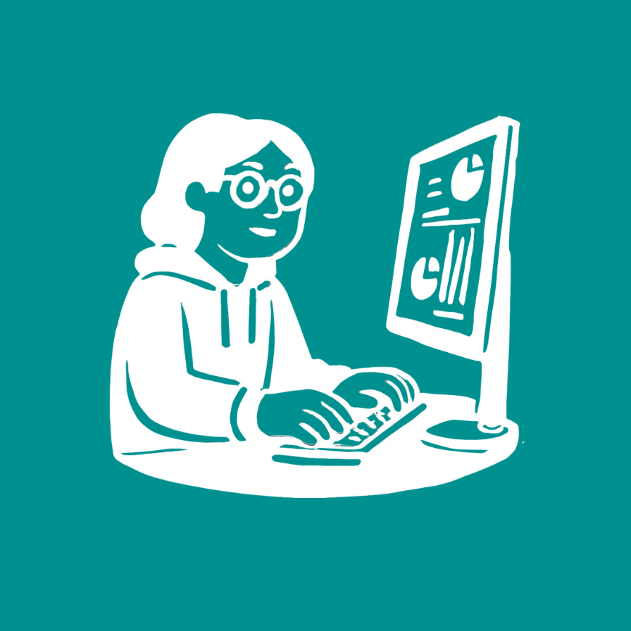 Illustration of a person with glasses using a computer with charts and graphs on the screen.