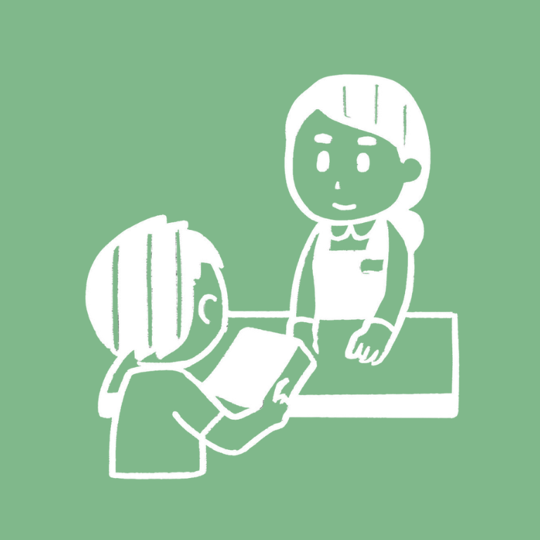 A simple line drawing of a customer ordering at a counter from a cashier in a store or restaurant, with a green background.