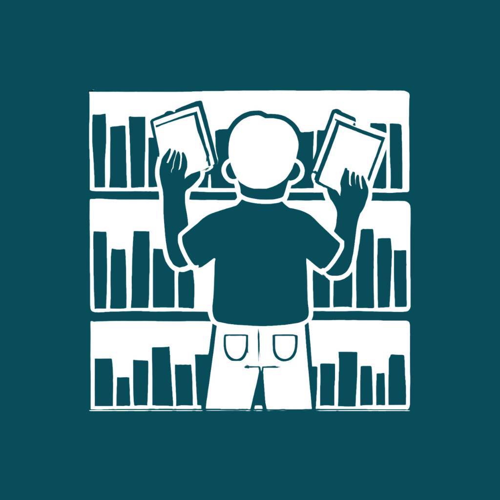 A person standing in front of bookshelves, reaching for books with both hands.