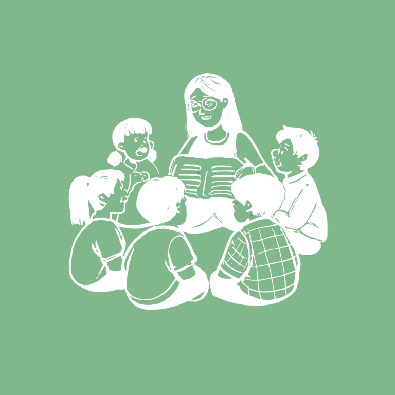 A woman reading a book to five children seated around her against a green background.