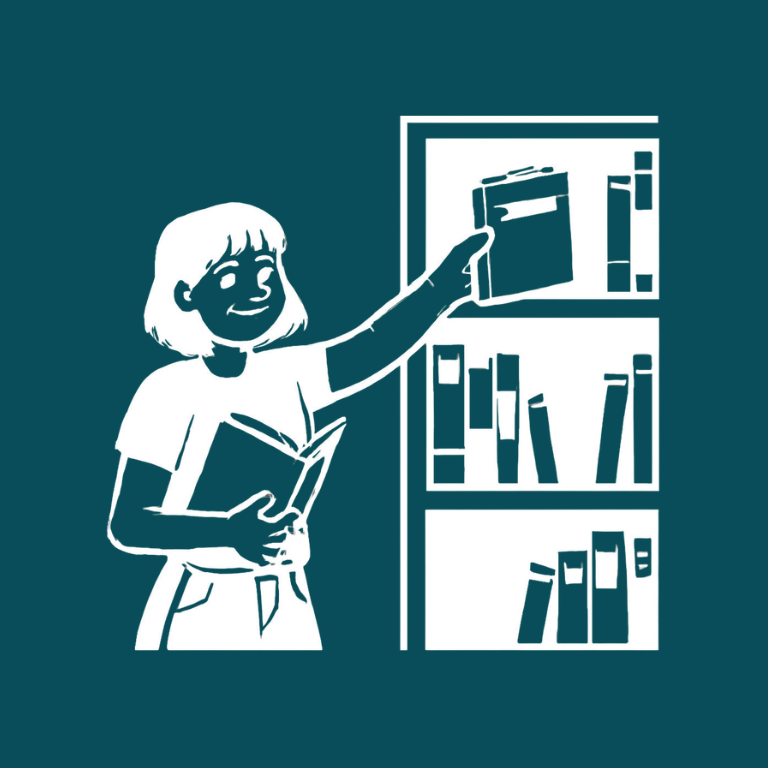 A young girl with shoulder-length hair selecting a book from a bookshelf in a library.