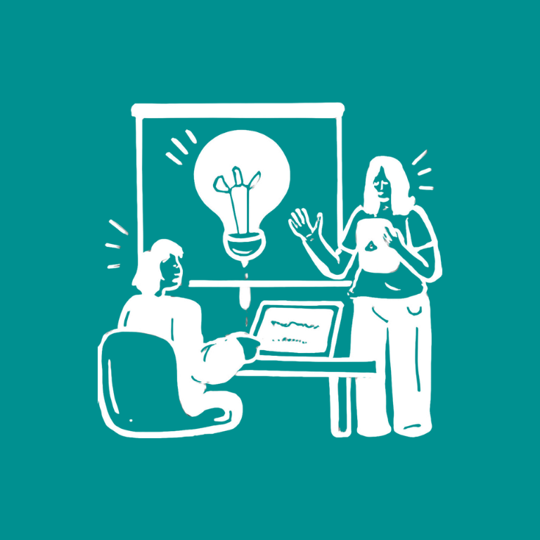 Line drawing of two women, one sitting at a desk with a laptop, the other standing, gesturing with hands, with a lightbulb icon on a presentation board behind them.