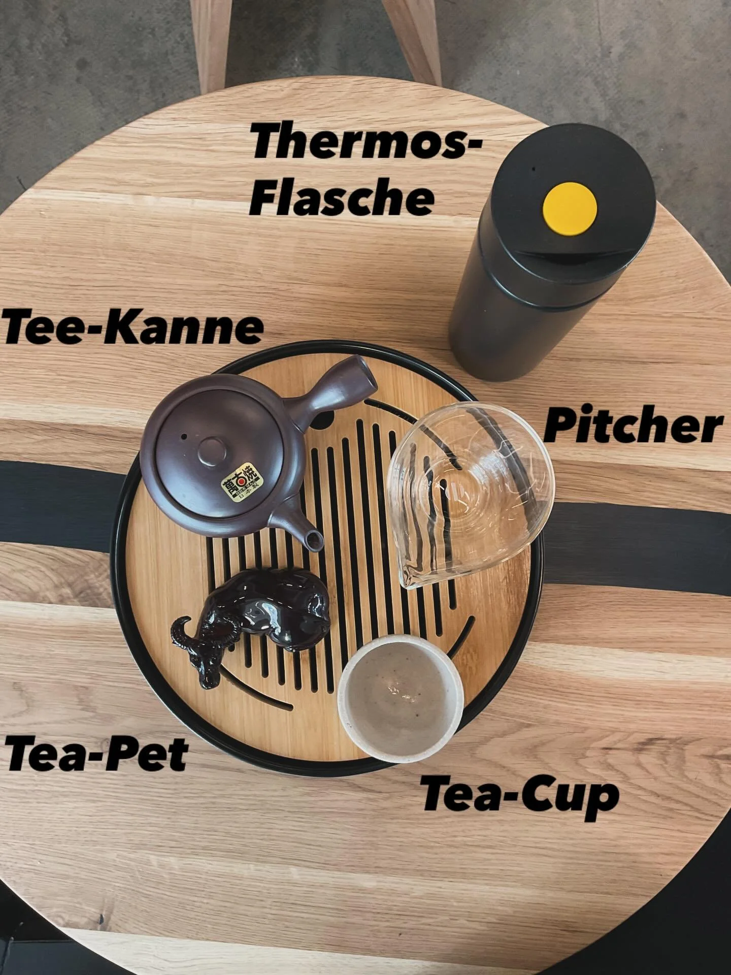 Quick and dirty Gong-Fu-Cha Guide.

1. Kanne mit einem guten Schluck Wasser f&uuml;llen
2. Tee zum waschen sofort &uuml;bers Tea-Pet gie&szlig;en
3. Kanne nochmal mit Wasser f&uuml;llen und Tee ziehen lassen
4. Tee von der Kanne in den Pitcher gie&sz