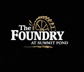 Logo for The Foundry at Summit Pond, featuring a stylized water wheel and the text in white on a black background.