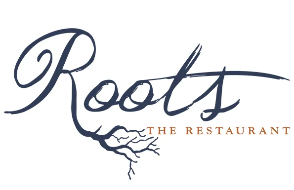 Logo for Roots The Restaurant, featuring the word 'Roots' with a tree branch forming part of the letter 't' and roots extending below.