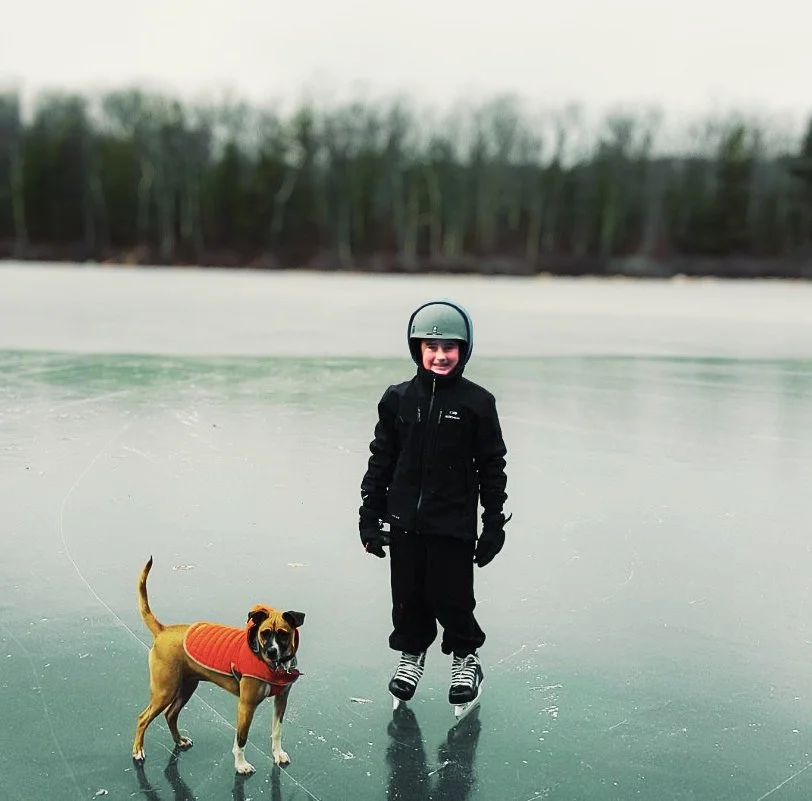 A child in winter clothing and a dog on ice, with a backdrop of trees and overcast sky.
