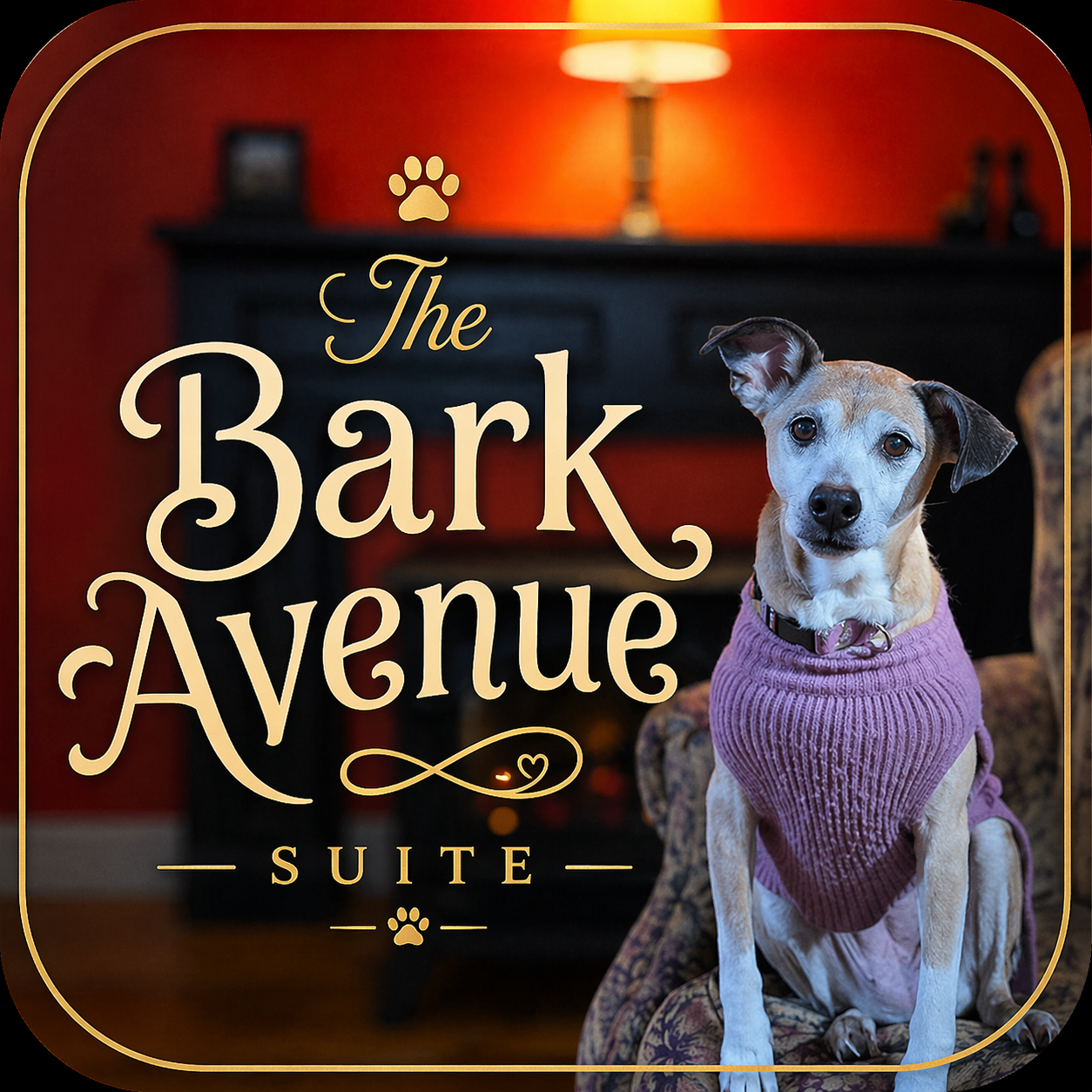 A sign reading 'The Bark Avenue Suite' with a small dog wearing a pink sweater sitting on a patterned chair in a cozy room with warm lighting and a fireplace.