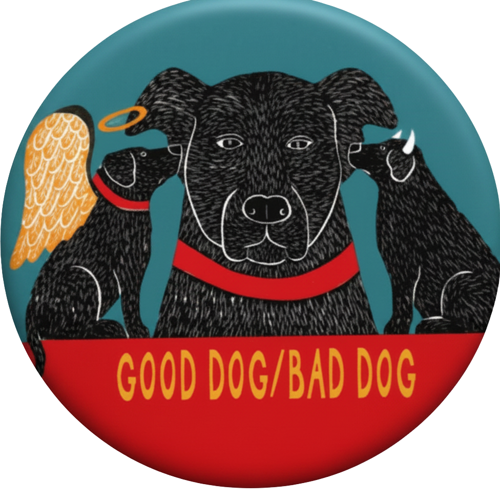 Illustration of a black dog with a halo and angel wing, and a second black dog with a horn, under a red banner that reads 'Good Dog/Bad Dog' on a blue background.