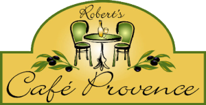 Logo for Robert's Café Provence featuring two green chairs and a small table with a candle, surrounded by olive branches.