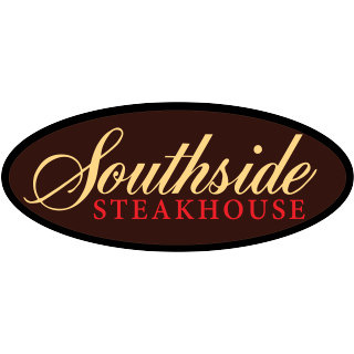 Southside Steakhouse logo with cursive yellow text and red text on a black oval background