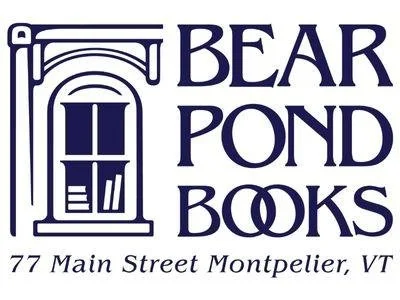 Logo for Bear Pond Books with an illustration of a bookstore window and the address 77 Main Street Montpelier, VT.
