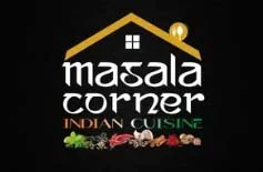 Logo for Masala Corner Indian Cuisine with a house roof and sun design.