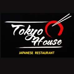 Logo for Tokyo House, a Japanese restaurant with chopsticks and a red circle in the design.