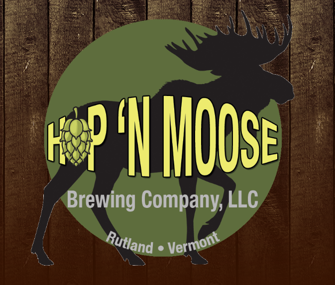 Logo for Hop 'N Moose Brewing Company LLC featuring a moose silhouette with hop cone on its side, against a green circle background with wooden texture, located in Rutland, Vermont.