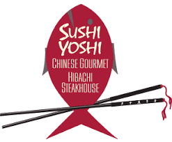 Logo for Sushi Yoshi Chinese Gourmet Hibachi Steakhouse featuring a red fish shape with the restaurant's name inside and black chopsticks crossing beneath.