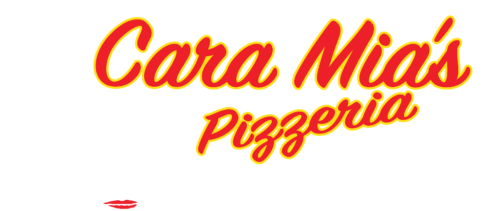 Logo for Cara Mia's Pizzeria featuring a stylized face of a woman with a chef's hat and the restaurant's name in bold red and yellow lettering on a black background.