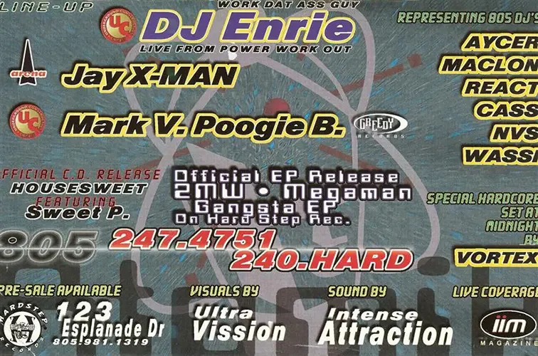 Back of the event flyer for Atomik by VNV featuring DJ Enrie, Mark V & Poogie Bear, Sweet P, DJ Aycer, Megaman and DJ Maclon, now known as DJ Sal V, in Oxnard on January 10, 1998.