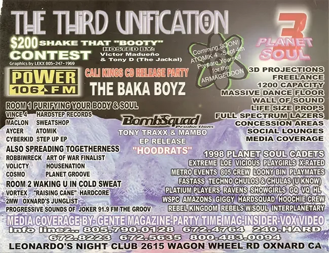 Back of the event flyer for Planet Soul 3 by VNV featuring The Baka Boyz, Vince 4, Cyberkid, Cisko, Aycer and DJ Maclon, now known as DJ Sal V, in Oxnard on August 18, 1998.