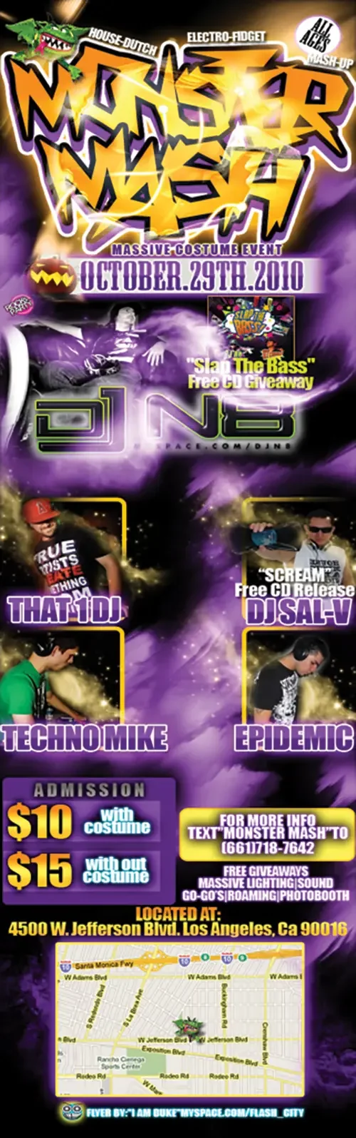 Event flyer for Monster Mash featuring DJ Sal V and DJ N8 in Los Angeles on October 29, 2010.