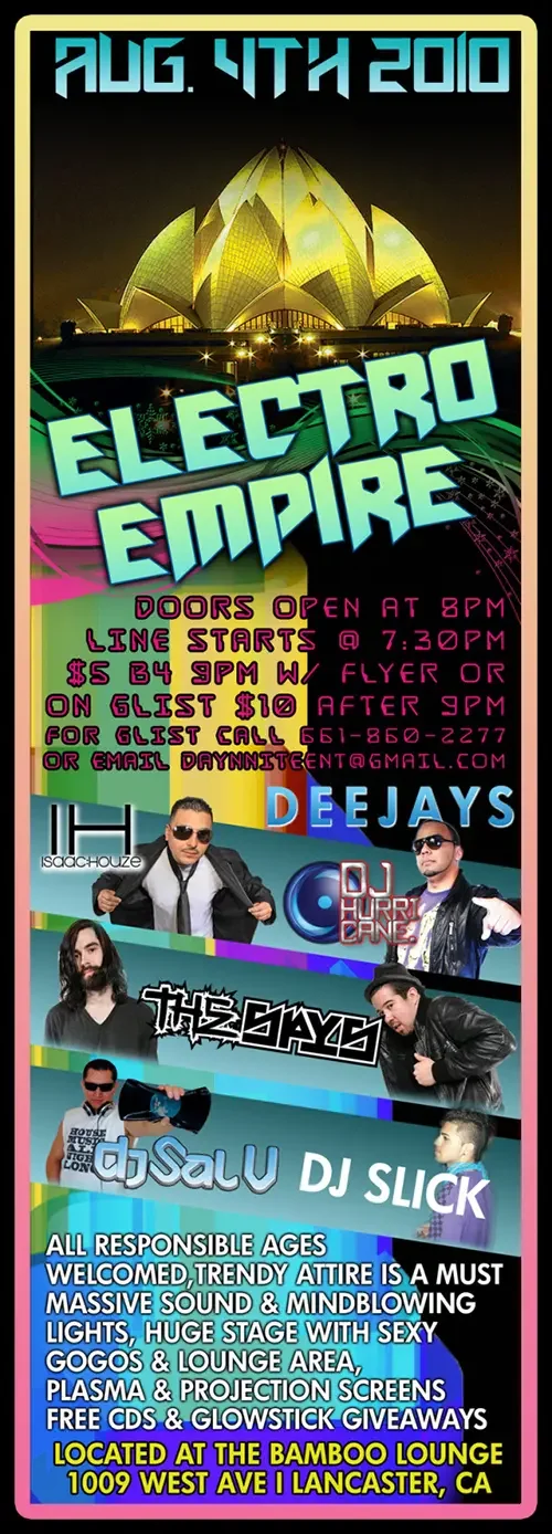 Event flyer for Electro Empire featuring DJ Sal V, The Spys, DJ Hurricane and Isaac Houze in Lancaster on August 4, 2010.