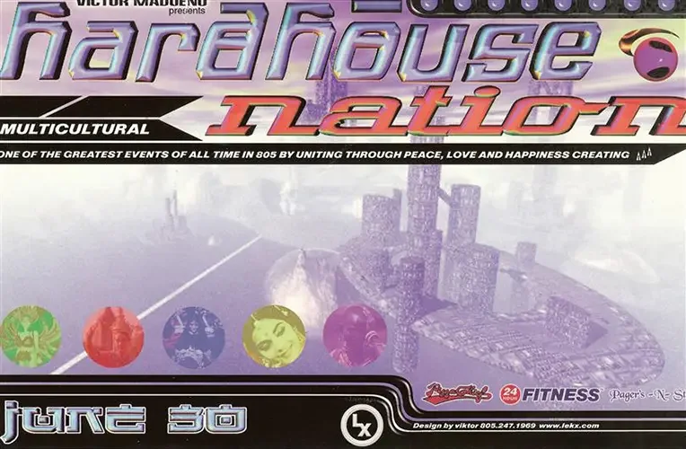 Front of the event flyer for Hardhouse Nation by Victor Madueño featuring Vince 4, Cyberkid and DJ Maclon, now known as DJ Sal V, in Oxnard on June 30, 1998.