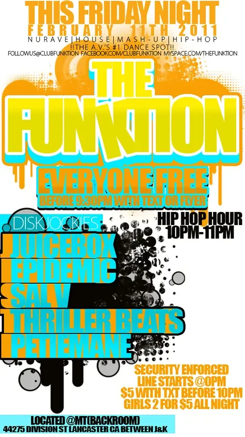Event flyer for The Funktion featuring DJ Sal V in Lancaster on February 11, 2011.
