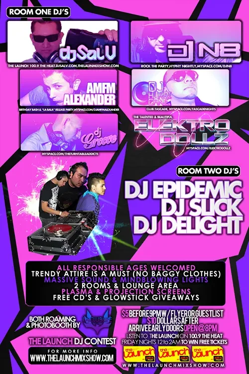 Back of the event flyer for Electro Rock featuring DJ Sal V, DJ N8, AMFM Alexander, DJ Hurricane and DJ Groove in Lancaster on March 21, 2010.