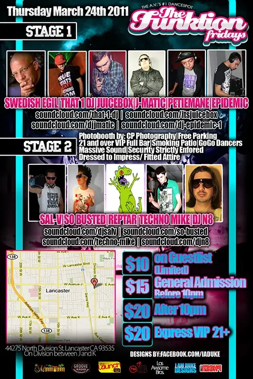 Back of the event flyer for The Funktion featuring DJ Sal V, DJ N8 and Swedish Egil in Lancaster on March 24, 2011.