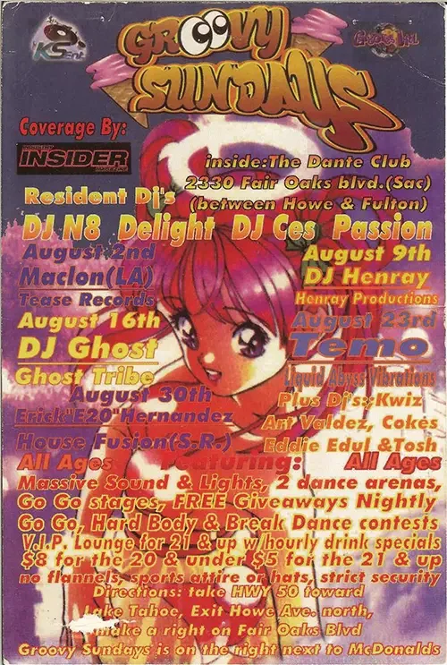 Event flyer for Groovy Sundays featuring DJ N8, DJ Delight and DJ Maclon, now known as DJ Sal V, in Sacramento on August 2, 1998.