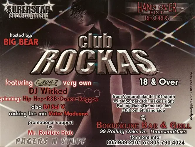 Front of the event flyer for Club Rockas featuring DJ Sal V and DJ Wicked hosted by Victor Madueño in Thousand Oaks in 2001.