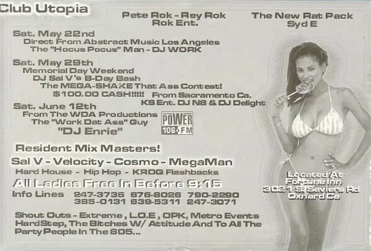 Back of the event flyer for Club Utopia by Victor Madueño featuring DJ Sal V, DJ Enrie, DJ Work, DJ N8 and DJ Delight on May 29, 1999.