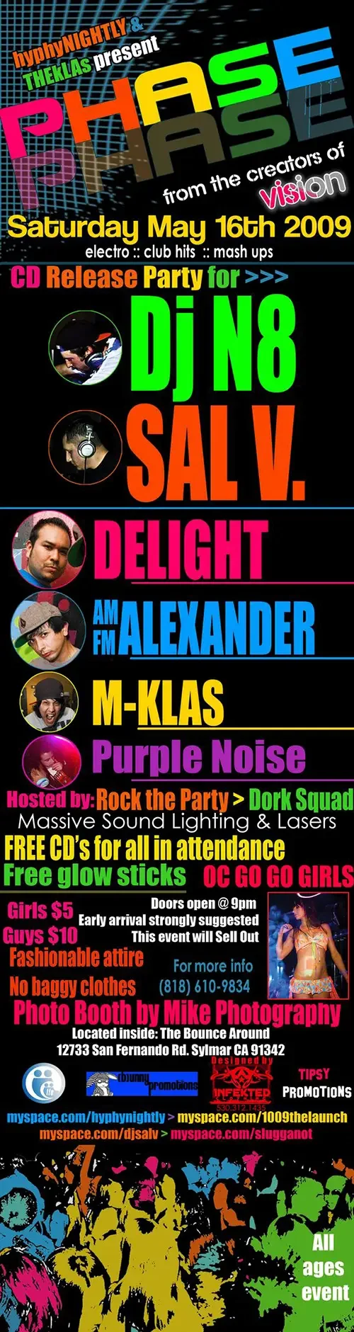 Event flyer for Phase featuring DJ Sal V, DJ N8, DJ Delight and AMFM Alexander in Los Angeles on May 16, 2009.