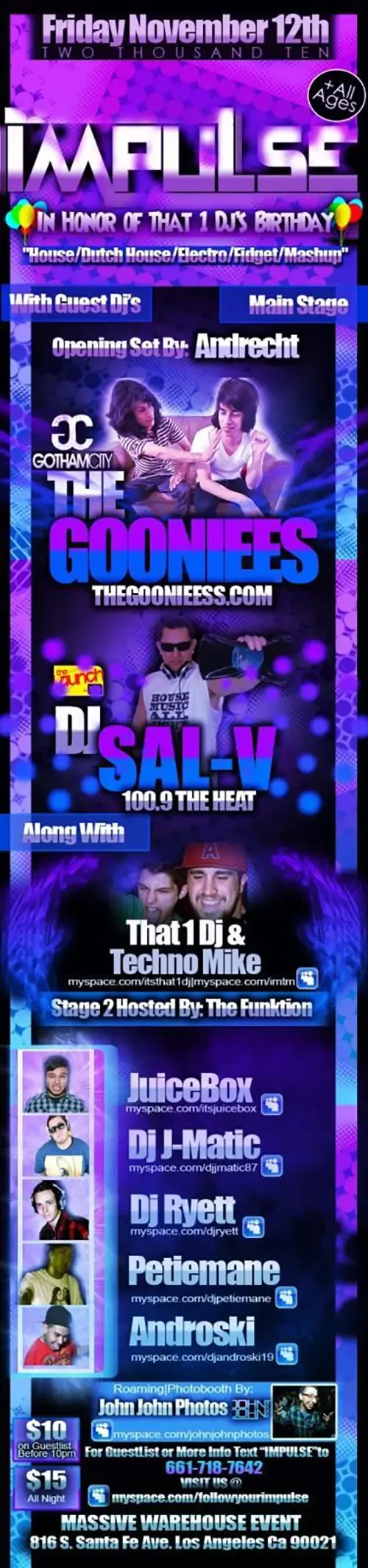 Event flyer for Impulse featuring DJ Sal V and The Goonies in Los Angeles on November 12, 2010.