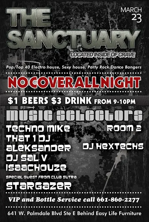 Event flyer for The Sanctuary featuring DJ Sal V in Palmdale on March 23, 2012.