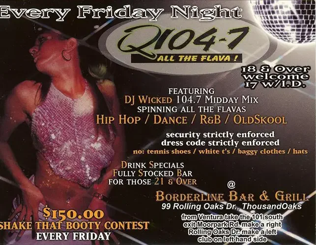 Back of the event flyer for Club Rockas featuring DJ Sal V and DJ Wicked hosted by Victor Madueño in Thousand Oaks in 2001.