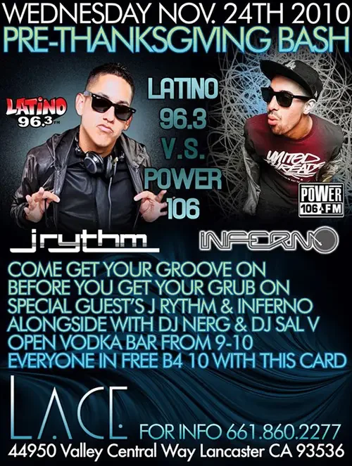 Event flyer for LACE featuring DJ Sal V, Jrythm and DJ Inferno in Lancaster on November 24, 2010.