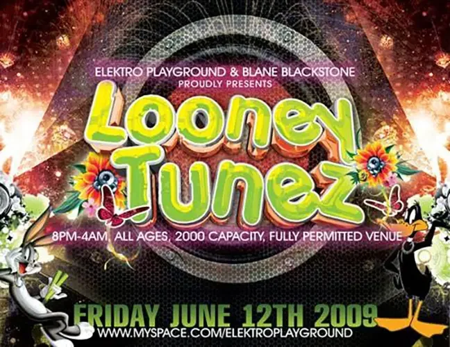 Front of the event flyer for Looney Tunez featuring DJ Sal V, DJ N8 and Jason Blakemore in San Bernardino on June 12, 2009.