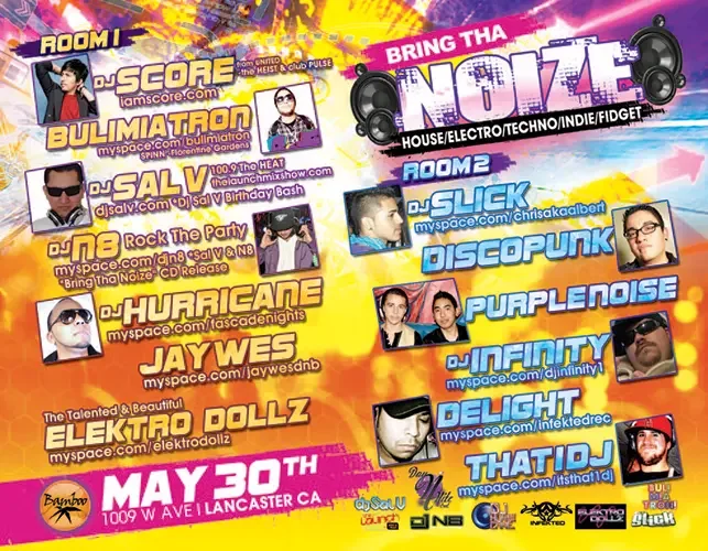 Back of the event flyer for Bring Tha Noize featuring DJ Sal V, DJ N8 and DJ Score in Lancaster on May 30, 2010.