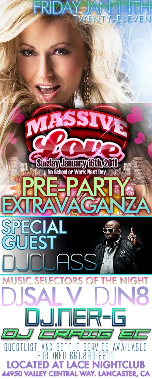 Event flyer for Massive Love Pre-Party featuring DJ Sal V, DJ N8, DJ Ner-G and DJ Class in Lancaster on January 14, 2011.