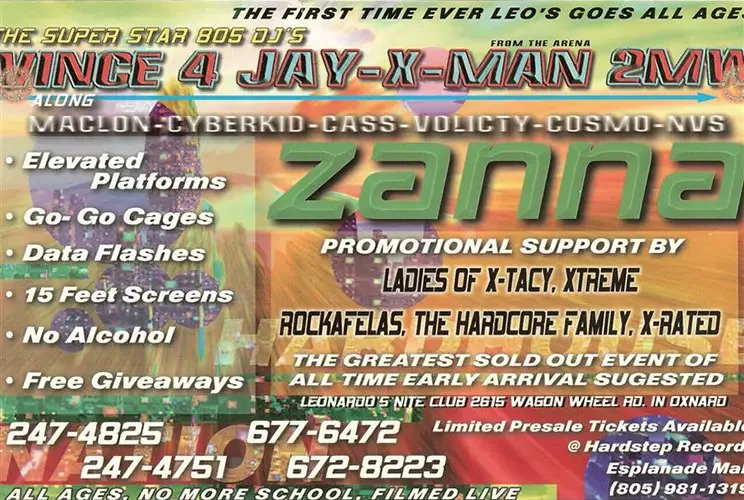 Back of the event flyer for Hardhouse Nation by Victor Madueño featuring Vince 4, Cyberkid and DJ Maclon, now known as DJ Sal V, in Oxnard on June 30, 1998.