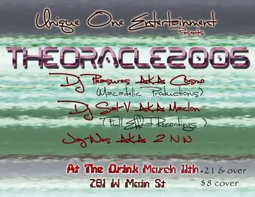 Event flyer for The Oracle featuring DJ Sal V, DJ Pleasures and Jay Wes in Ventura on March 11, 2006.