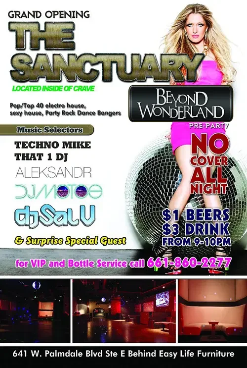 Event flyer for The Sanctuary featuring DJ Sal V in Palmdale in 2012.