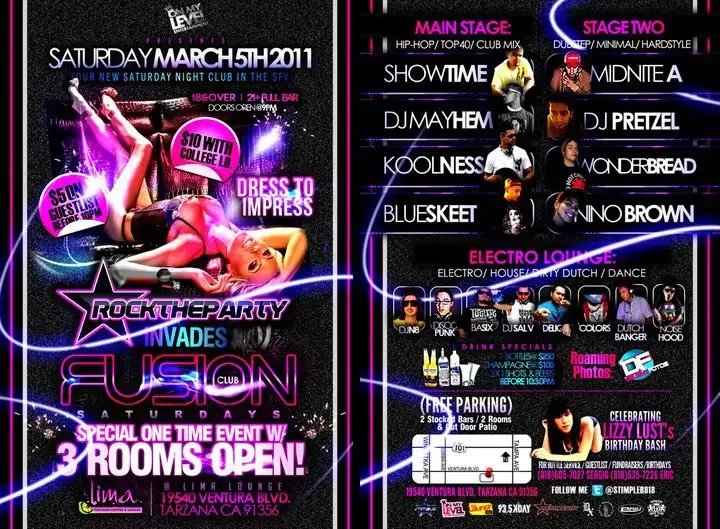 Event flyer for Club Fusion featuring DJ Sal V and DJ N8 in Los Angeles on March 5, 2011.