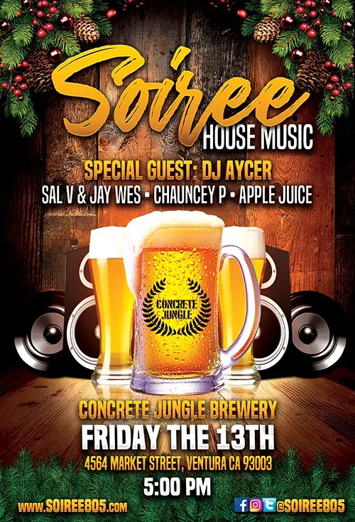 Event flyer for Soiree featuring DJ Sal V, Jay Wes and Chauncey P in Ventura on December 13, 2019.
