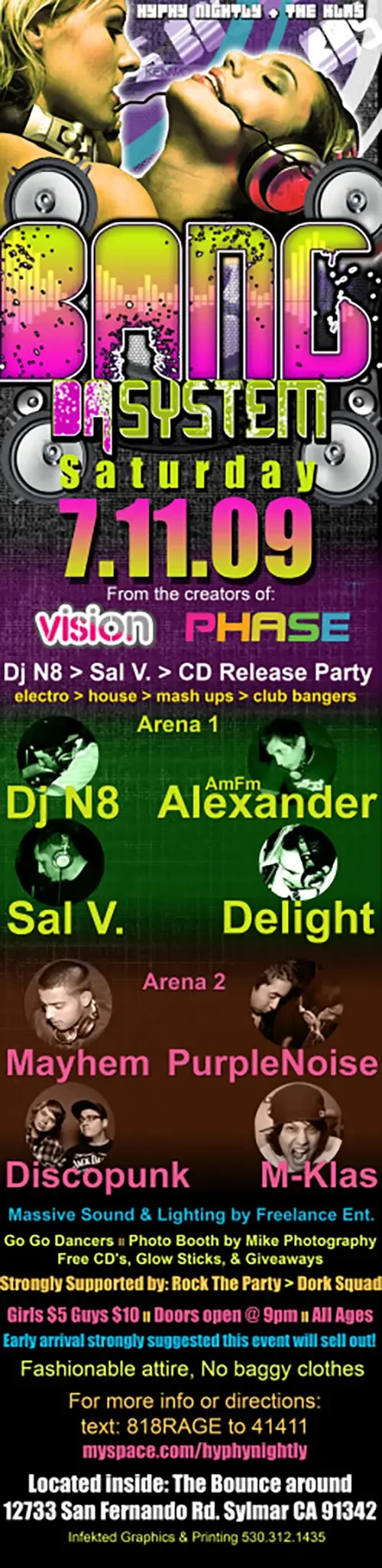Event flyer for Bang Da System featuring DJ Sal V, DJ N8, AMFM Alexander and DJ Delight in Los Angeles on July 11, 2009.