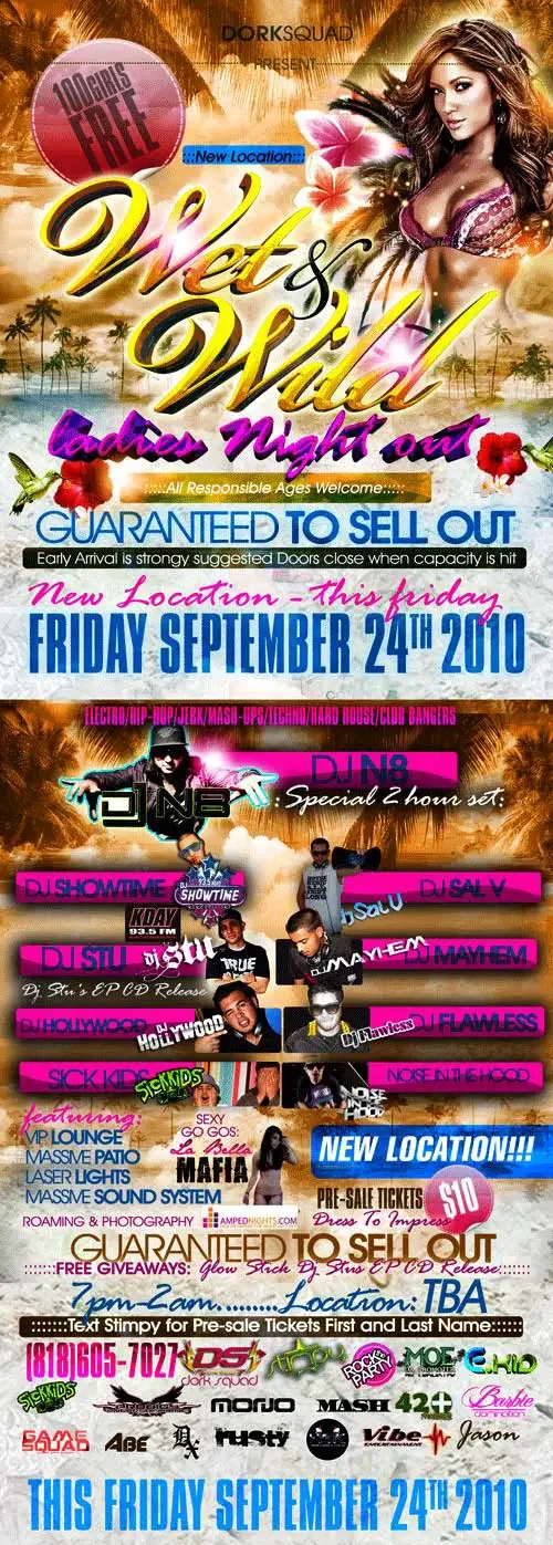 Event flyer for Wet & Wild featuring DJ Sal V and DJ N8 in Los Angeles on September 24, 2010.