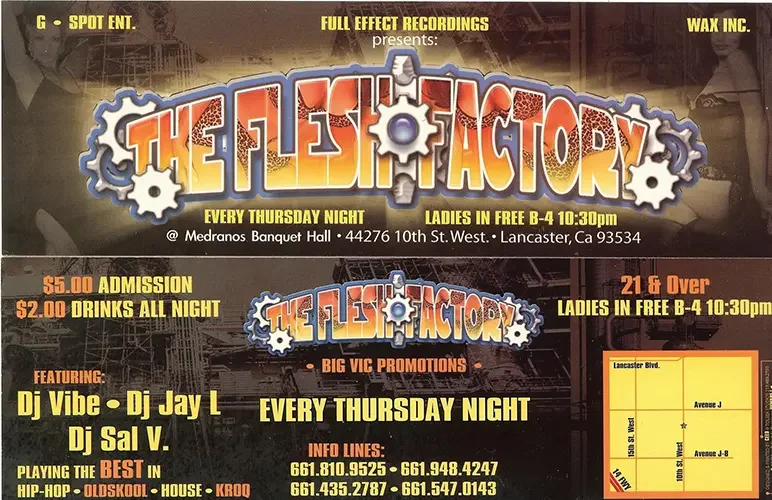 Event flyer for The Flesh Factory featuring DJ Sal V in Lancaster in 2002.