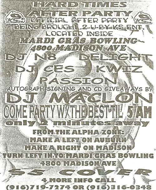 Event flyer for Hardtimes After Party featuring DJ N8, DJ Delight, and DJ Maclon, now known as DJ Sal V, on March 26, 1999.
