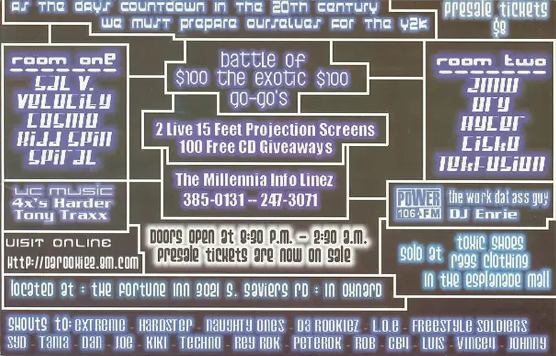 Back of the event flyer for Millennia 2000 by Victor Madueño featuring DJ Sal V, DJ Velocity and DJ Cosmo in Oxnard on December 30, 1999.