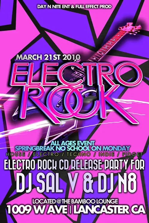 Front of the event flyer for Electro Rock featuring DJ Sal V, DJ N8, AMFM Alexander, DJ Hurricane and DJ Groove in Lancaster on March 21, 2010.